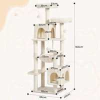 DE.SIKAIC Kratzbäume Beige / Plüschstoffe / Modern Großer Katzenkratzbaum – Stabiler 160 cm Katzenbaum mit 2 Plattformen, 2 Katzenhöhlen, 1 Hängematte und mehrstöckigem Kletterdesign (Beige)