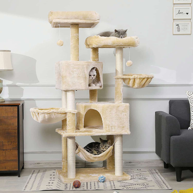 DE.SIKAIC Kratzbäume Weiß / Plüschstoffe / Modern Katzenbaum, 153cm mit 2 Aussichtsplattformen, Kätzchen-Aktivitätszentrum mit großer Höhle, mehrstöckig, stabiler Kratzbaum Beige