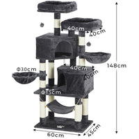 DE.SIKAIC Kratzbäume Dunkelgrau / Modern / Plüschstoffe Stabiler Kratzbaum, 148cm Kratzbaum groß, Katzenbaum für Gross Katzen mit groß Höhle, Sisal-Stämme, Natur Sisal Katzenkratzbaum Dunkelgrau
