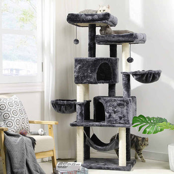 DE.SIKAIC Kratzbäume Dunkelgrau / Plüschstoffe / Modern Katzenbaum, 153cm mit 2 Aussichtsplattformen, Kätzchen-Aktivitätszentrum mit großer Höhle, mehrstöckig, stabiler Kratzbaum Dunkelgrau