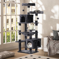 DE.SIKAIC Kratzbäume Dunkelgrau / Plüschstoffe / Modern Großer Katzenkratzbaum – Stabiler 160 cm Katzenbaum mit 2 Plattformen, 2 Katzenhöhlen, 1 Hängematte und mehrstöckigem Kletterdesign (Dunkelgrau)