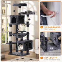 DE.SIKAIC Kratzbäume Dunkelgrau / Plüschstoffe / Modern Großer Katzenkratzbaum – Stabiler 160 cm Katzenbaum mit 2 Plattformen, 2 Katzenhöhlen, 1 Hängematte und mehrstöckigem Kletterdesign (Dunkelgrau)