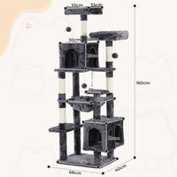 DE.SIKAIC Kratzbäume Dunkelgrau / Plüschstoffe / Modern Großer Katzenkratzbaum – Stabiler 160 cm Katzenbaum mit 2 Plattformen, 2 Katzenhöhlen, 1 Hängematte und mehrstöckigem Kletterdesign (Dunkelgrau)