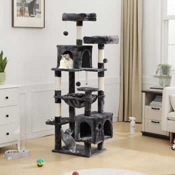 DE.SIKAIC Kratzbäume Dunkelgrau / Plüschstoffe / Modern Großer Katzenkratzbaum – Stabiler 160 cm Katzenbaum mit 2 Plattformen, 2 Katzenhöhlen, 1 Hängematte und mehrstöckigem Kletterdesign (Dunkelgrau)