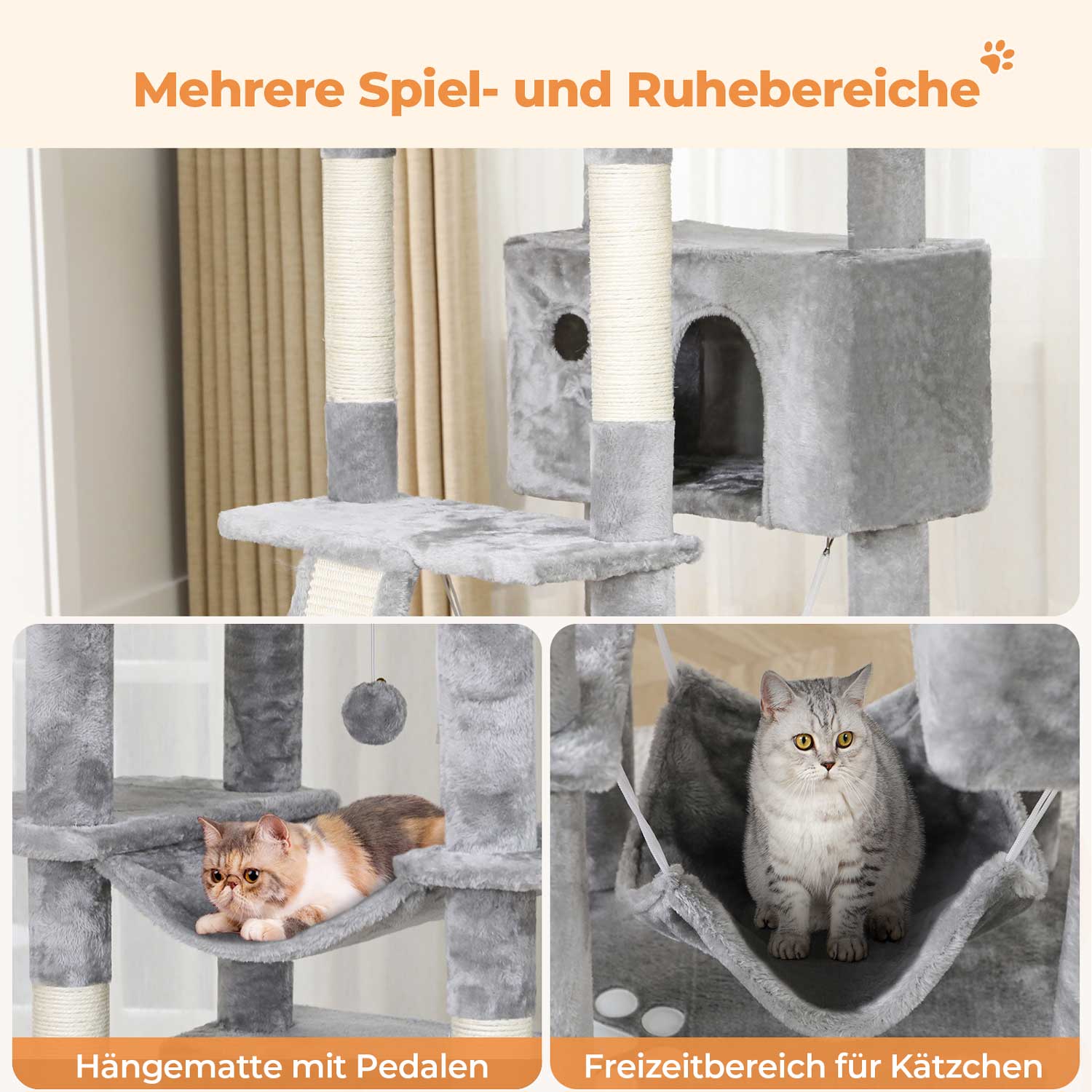 kratzbaum mit hängematte grau Sikaic Katzenbaum 194 cm – Dunkelgrau mit Hängematte und Höhlen