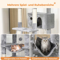 DE.SIKAIC Kratzbäume Hellgrau / Plüsch / Modern Kratzbaum groß 194 cm hoch Katzenbaum mit Hängematte Höhlen Sisalpfosten Hellgrau