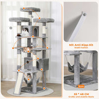 DE.SIKAIC Kratzbäume Hellgrau / Plüsch / Modern Kratzbaum groß 194 cm hoch Katzenbaum mit Hängematte Höhlen Sisalpfosten Hellgrau