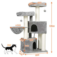 DE.SIKAIC Kratzbäume Hellgrau & Beige / Plüschstoffe / Modern Kratzbaum 126cm groß, Katzenbaum für Katzen stabil mit Sisal-Kratzstangen, 2 Aussichtsplattform