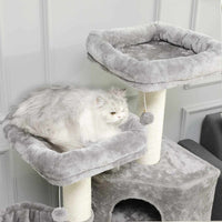 DE.SIKAIC Kratzbäume Hellgrau & Beige / Plüschstoffe / Modern Kratzbaum 126cm groß, Katzenbaum für Katzen stabil mit Sisal-Kratzstangen, 2 Aussichtsplattform