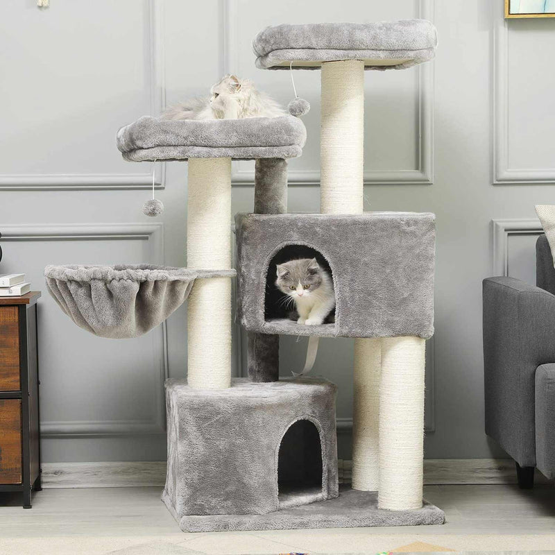 DE.SIKAIC Kratzbäume Hellgrau & Beige / Plüschstoffe / Modern Kratzbaum 126cm groß, Katzenbaum für Katzen stabil mit Sisal-Kratzstangen, 2 Aussichtsplattform