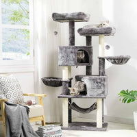 DE.SIKAIC Kratzbäume Hellgrau / Plüschstoffe / Modern Katzenbaum, 153cm mit 2 Aussichtsplattformen, Kätzchen-Aktivitätszentrum mit großer Höhle, mehrstöckig, stabiler Kratzbaum Hellgrau