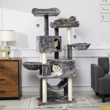 DE.SIKAIC Kratzbäume Hellgrau / Plüschstoffe / Modern Katzenbaum, 153cm mit 2 Aussichtsplattformen, Kätzchen-Aktivitätszentrum mit großer Höhle, mehrstöckig, stabiler Kratzbaum Hellgrau