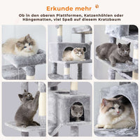 DE.SIKAIC Kratzbäume Beige / Plüschstoffe / Modern Kratzbaum groß 193 cm hoch, XXL kratzbaum Grosse Katzen stabil mit 2 Höhlen, 2 Plattformen, Hängematte, katzenbaum mit Mehreren Ebenen, katzenkratzbaum deckenhoch Hellgrau