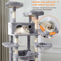DE.SIKAIC Kratzbäume Beige / Plüschstoffe / Modern Kratzbaum groß 193 cm hoch, XXL kratzbaum Grosse Katzen stabil mit 2 Höhlen, 2 Plattformen, Hängematte, katzenbaum mit Mehreren Ebenen, katzenkratzbaum deckenhoch Hellgrau
