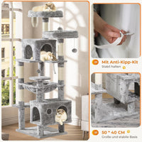 DE.SIKAIC Kratzbäume Hellgrau / Plüschstoffe / Modern Großer Katzenkratzbaum – Stabiler 160 cm Katzenbaum mit 2 Plattformen, 2 Katzenhöhlen, 1 Hängematte und mehrstöckigem Kletterdesign (Hellgrau)