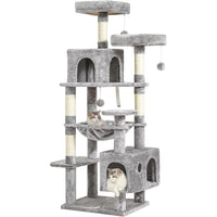 DE.SIKAIC Kratzbäume Hellgrau / Plüschstoffe / Modern Großer Katzenkratzbaum – Stabiler 160 cm Katzenbaum mit 2 Plattformen, 2 Katzenhöhlen, 1 Hängematte und mehrstöckigem Kletterdesign (Hellgrau)