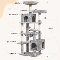DE.SIKAIC Kratzbäume Hellgrau / Plüschstoffe / Modern Großer Katzenkratzbaum – Stabiler 160 cm Katzenbaum mit 2 Plattformen, 2 Katzenhöhlen, 1 Hängematte und mehrstöckigem Kletterdesign (Hellgrau)