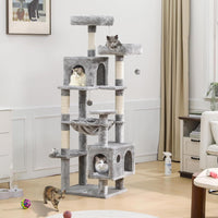 DE.SIKAIC Kratzbäume Hellgrau / Plüschstoffe / Modern Großer Katzenkratzbaum – Stabiler 160 cm Katzenbaum mit 2 Plattformen, 2 Katzenhöhlen, 1 Hängematte und mehrstöckigem Kletterdesign (Hellgrau)