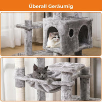 DE.SIKAIC Kratzbäume Hellgrau / Plüschstoffe / Modern Großer Katzenkratzbaum – Stabiler 160 cm Katzenbaum mit 2 Plattformen, 2 Katzenhöhlen, 1 Hängematte und mehrstöckigem Kletterdesign (Hellgrau)