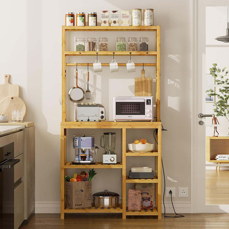 DE.SIKAIC Küchenschrank Bambusfarbe / Bambus / Modern 6-stufiger Bambus Küchenregal mit Steckdosen, 10 S-förmigen Haken, Kaffeebar-Tischstation