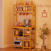 DE.SIKAIC Küchenschrank Bambusfarbe / Bambus / Modern 6-stufiger Bambus Küchenregal mit Steckdosen, 10 S-förmigen Haken, Kaffeebar-Tischstation