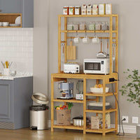 DE.SIKAIC Küchenschrank Bambusfarbe / Bambus / Modern 6-stufiger Bambus Küchenregal mit Steckdosen, 10 S-förmigen Haken, Kaffeebar-Tischstation