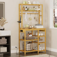 DE.SIKAIC Küchenschrank Bambusfarbe / Bambus / Modern 6-stufiger Bambus Küchenregal mit Steckdosen, 10 S-förmigen Haken, Kaffeebar-Tischstation