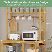DE.SIKAIC Küchenschrank Bambusfarbe / Bambus / Modern 6-stufiger Bambus Küchenregal mit Steckdosen, 10 S-förmigen Haken, Kaffeebar-Tischstation