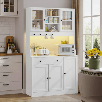 DE.SIKAIC Küchenschrank Weiß / Holzwerkstoff / Modern LED Küchenschrank Sideboard mit Arbeitsplatte, Steckdose, Schubladen, Verstellbaren Ablagen, 103.5*40*180 cm, Weiß