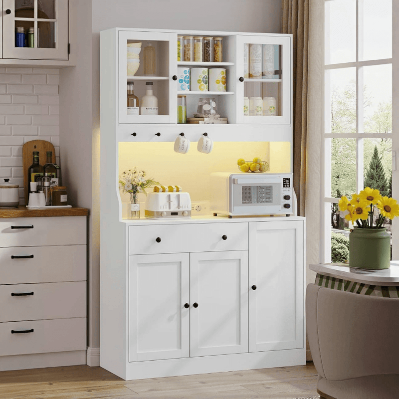 DE.SIKAIC Küchenschrank Weiß / Holzwerkstoff / Modern LED Küchenschrank Sideboard mit Arbeitsplatte, Steckdose, Schubladen, Verstellbaren Ablagen, 103.5*40*180 cm, Weiß