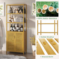 DE.SIKAIC Lagerschrank Bambus / Bambus / Minimalistisch Hochschrank Badezimmerschrank Bambus Aufbewahrungsschrank Badschrank hoch mit 3 offene Fächern und Schrank