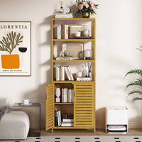 DE.SIKAIC Lagerschrank Bambus / Bambus / Minimalistisch Hochschrank Badezimmerschrank Bambus Aufbewahrungsschrank Badschrank hoch mit 3 offene Fächern und Schrank