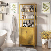 DE.SIKAIC Lagerschrank Bambus / Bambus / Minimalistisch Hochschrank Badezimmerschrank Bambus Aufbewahrungsschrank Badschrank hoch mit 3 offene Fächern und Schrank