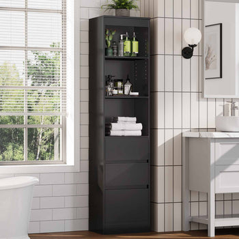 DE.SIKAIC Lagerschrank Schwarz / Holzwerkstoff / Modern Badezimmerschrank Hochschrank 180x40x30cm mit 3 Schubladen Standregal mit verstellbaren Regalen Schwarz