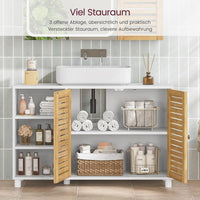 DE.SIKAIC Lagerschrank Weiß / Bambus / Modern 30 x 90 x 60 cm Waschbeckenunterschrank, Badschrank Unterschrank mit 2 Bambustüren, 3 offene Fächer, höhenverstellbare Ablagen