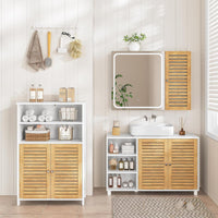 DE.SIKAIC Lagerschrank Weiß / Bambus / Modern 30 x 90 x 60 cm Waschbeckenunterschrank, Badschrank Unterschrank mit 2 Bambustüren, 3 offene Fächer, höhenverstellbare Ablagen