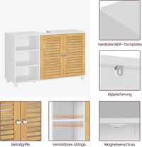 DE.SIKAIC Lagerschrank Weiß / Bambus / Modern 30 x 90 x 60 cm Waschbeckenunterschrank, Badschrank Unterschrank mit 2 Bambustüren, 3 offene Fächer, höhenverstellbare Ablagen