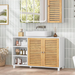 DE.SIKAIC Lagerschrank Weiß / Bambus / Modern 30 x 90 x 60 cm Waschbeckenunterschrank, Badschrank Unterschrank mit 2 Bambustüren, 3 offene Fächer, höhenverstellbare Ablagen