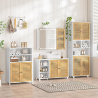 DE.SIKAIC Lagerschrank Weiß / Bambus / Modern 30 x 90 x 60 cm Waschbeckenunterschrank, Badschrank Unterschrank mit 2 Bambustüren, 3 offene Fächer, höhenverstellbare Ablagen