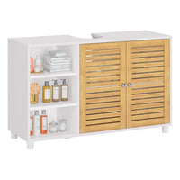 DE.SIKAIC Lagerschrank Weiß / Bambus / Modern 30 x 90 x 60 cm Waschbeckenunterschrank, Badschrank Unterschrank mit 2 Bambustüren, 3 offene Fächer, höhenverstellbare Ablagen