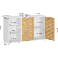 DE.SIKAIC Lagerschrank Weiß / Bambus / Modern 30 x 90 x 60 cm Waschbeckenunterschrank, Badschrank Unterschrank mit 2 Bambustüren, 3 offene Fächer, höhenverstellbare Ablagen