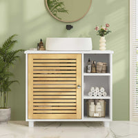 DE.SIKAIC Lagerschrank Weiß / Bambus / Modern Badezimmerschrank mit Bambustüren 3 offene Fächer 62x30x60 cm Weiß