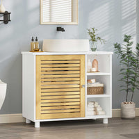 DE.SIKAIC Lagerschrank Weiß / Bambus / Modern Badezimmerschrank mit Bambustüren 3 offene Fächer 62x30x60 cm Weiß