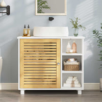 DE.SIKAIC Lagerschrank Weiß / Bambus / Modern Badezimmerschrank mit Bambustüren 3 offene Fächer 62x30x60 cm Weiß