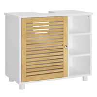 DE.SIKAIC Lagerschrank Weiß / Bambus / Modern Badezimmerschrank mit Bambustüren 3 offene Fächer 62x30x60 cm Weiß