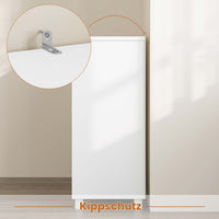 DE.SIKAIC Lagerschrank Weiß / Bambus / Modern Badezimmerschrank mit Doppeltüren aus Bambus 3 offene Fächer und Freistehender Beistellschrank 77x30x80 cm