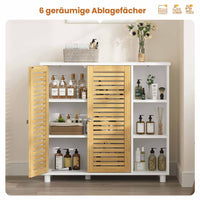 DE.SIKAIC Lagerschrank Weiß / Bambus / Modern Badezimmerschrank mit Doppeltüren aus Bambus 3 offene Fächer und Freistehender Beistellschrank 77x30x80 cm