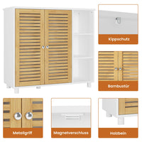 DE.SIKAIC Lagerschrank Weiß / Bambus / Modern Badezimmerschrank mit Doppeltüren aus Bambus 3 offene Fächer und Freistehender Beistellschrank 77x30x80 cm