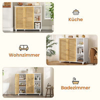 DE.SIKAIC Lagerschrank Weiß / Bambus / Modern Badezimmerschrank mit Doppeltüren aus Bambus 3 offene Fächer und Freistehender Beistellschrank 77x30x80 cm