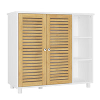 DE.SIKAIC Lagerschrank Weiß / Bambus / Modern Badezimmerschrank mit Doppeltüren aus Bambus 3 offene Fächer und Freistehender Beistellschrank 77x30x80 cm